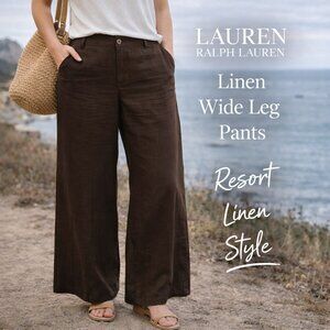 Lauren Ralph Lauren Linen Wide Leg Pants Brown Flat Front Trouser Women 12